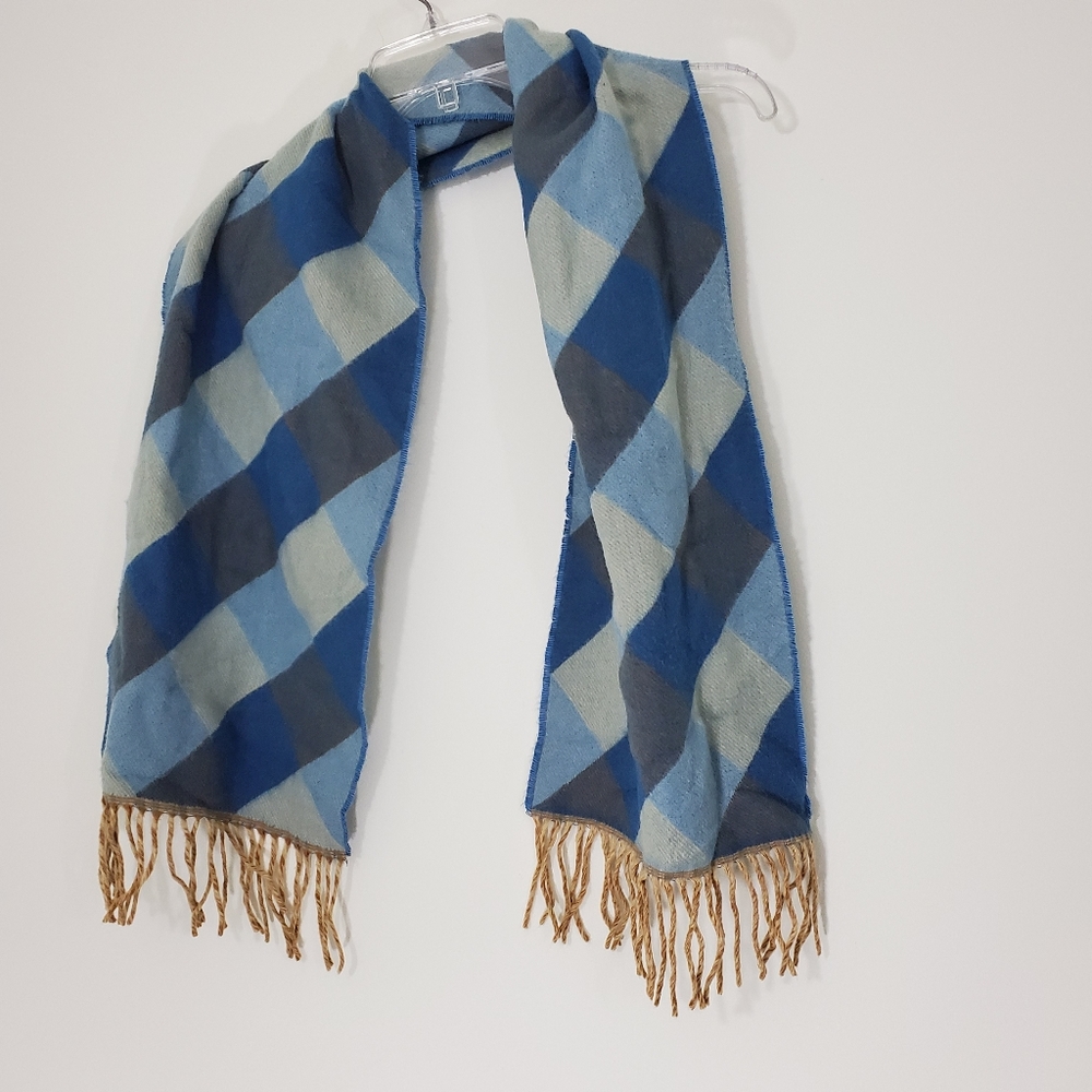 Blue Plaid Soft Scarf with Fringe